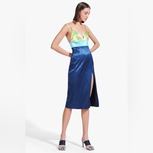 STAUD Ellis Colorblock Satin Blue and Green Slip Dress Size US12 NWT - Picture 2 of 11